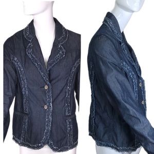 Blue Willi's Medium Blue Denim Frayed Edge Button Front Blazer Jacket